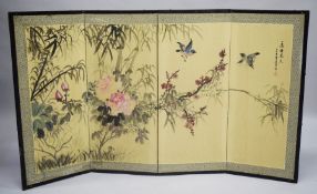 A GOOD CHINESE FOLDING FOUR PANEL SCREEN, the panels with a painting of birds and native flora, with