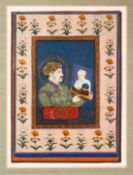 AN INDIAN PORTRAIT PAINTING OF JAHANGIR - depicted holding a portrait of a man, mounted, 34cm x