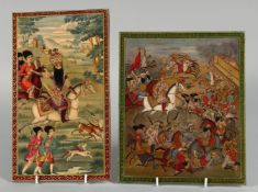 TWO PERSIAN SCHOOL LACQUERED MINIATURE PAINTINGS ON BOARD, one depicting Fath Ali Shah in a