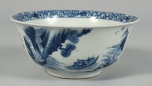 A CHINESE BLUE AND WHITE PORCELAIN BOWL, the exterior decorated with a boat scene to one side and