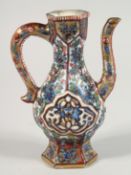 A SMALL CHINESE BLUE AND WHITE PORCELAIN CLOBBERED EWER, 14cm high, (af).