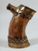 A RARE 18TH CENTURY MUGHAL INDIAN BALTISTAN COPPER AND BRASS MOUNTED HUQQA BASE, 17.5cm.