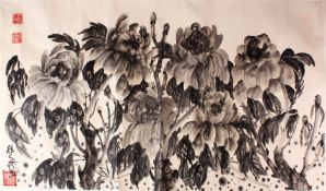 A CHINESE PAINTING OF FLORAL DECORATION - HUANG ZHOU - the scroll section painted with inkwork /