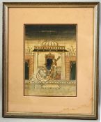 AN INDIAN MINIATURE PAINTING, depicting a scene with female figures, framed and glazed, image 23cm x