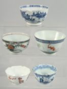 FOUR CHINESE PORCELAIN CUPS, various sizes, together with another blue and white bowl (af), (5).