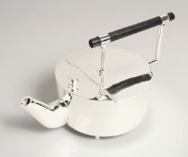 A CHRISTOPHER DRESSER DESIGN LARGE CIRCULAR, PLATED TEA POT.