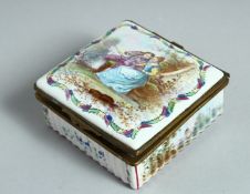 A CONTINENTAL SQUARE SHAPED ENAMEL BOX the lid painted with young lovers, the inside with flowers.