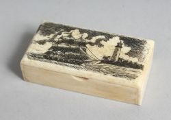 A HAND CARVED BONE BOX with ocean scenes. 2.25ins long.