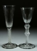 TWO GEORGIAN WINE GLASSES, one with white opaque stem, 6.75ins high, the other with double knop stem