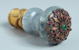 A SUPERB RUSSIAN SILVER, MOSS AGATE AND ENAMEL HANDLE set with cabochon stones. 9cm long, in a