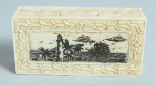 A BONE BOX with folding top, sailing vessel and windmill 2.5ins.
