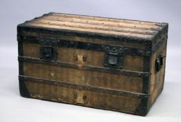 AN OLD LOUIS VUITTON WOODEN, METAL BOUND TRUNK, with lift out compartment 2ft 6ins long, 1ft 5ins
