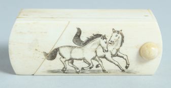 A BONE BOX with swivel top with two horses. 3ins long