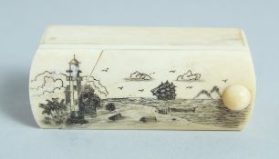 A BONE BOX with folding top, sailing vessel and figures 3ins.