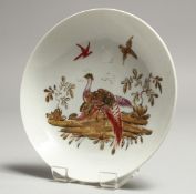 A Wm. REID SAUCER painted with an exotic bird in landscape in polychrome enamels.