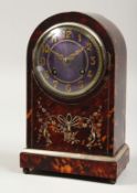 A GOOD TORTOISESHELL CASED CLOCK with blue enamel face, the case with garlands and flowers 9ins