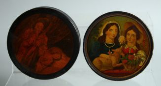 TWO VICTORIAN PAPIER MACHE CIRCULAR BOXES AND COVERS. 3.75ins & 3.25ins diameter.