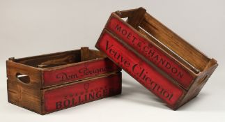 A PAIR OF WOODEN CHAMPAGNE CRATES 17ins long.