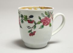 A CHAFFERS LIVERPOOL COFFEE CUP painted with trailing plant in famille rose style.