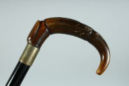 A VICTORIAN WALKING STICK with Rhino handle, carved. 35ins long.