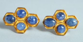A GOOD PAIR OF CABOCHON SAPPHIRE, SET IN 18ct GOLD, EARRINGS.