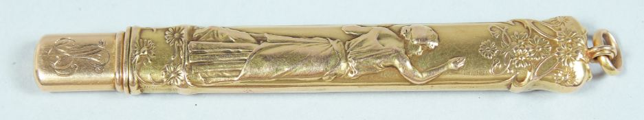 A CARD HOLDER, repousse with a young lady 3.25ins long