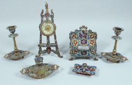 A GOOD 19TH CENTURY FRENCH CLOISONNE ENAMEL SIX PIECE DESK SET including, Easel Clock, a pair of