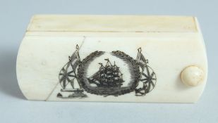 A BONE BOX with sliding top, sailing vessel and union flag. 3ins.