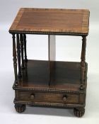 A VERY GOOD GILLOW MODEL ROSEWOOD OPEN SET OF SHELVES with cross banded top, turned spindle supports