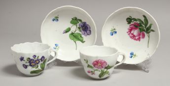 TWO MEISSEN CUPS AND SAUCERS painted with flowers. Mark in blue.