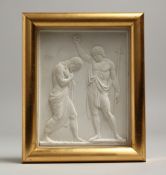 A FRAMED COPENHAGEN WHITE BISQUE PLAQUE, classical scene with two figures. 5.5ins x 4.25ins.