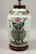 A GOOD CHINESE PORCELAIN LAMP with figures and calligraphy. 16ins high.