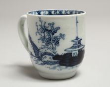 A CHAFFERS LIVERPOOL COFFEE CUP painted in blue underglaze with a pagoda on an island.