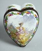 A CONTINENTAL HEAVY SHAPED ENAMEL PILL BOX the lid painted with a young lady. The box with mark,
