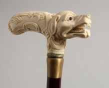 A BONE HANDLED WALKING STICK CARVED AS A DUCK'S HEAD. 35ins long