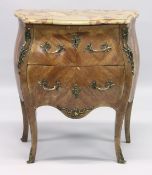 A FRENCH KINGWOOD, MARBLE AND ORMOLU PETIT COMMODE, of bombe form with two drawers on cabriole legs.