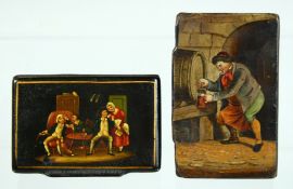 TWO VICTORIAN PAPIER MACHE RECTANGULAR BOXES AND COVERS, tavern scenes. 3.25ins & 2.25ins diameter.