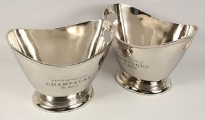 A PAIR OF OVAL TWO HANDLED CHAMPAGNE WINE COOLERS. 13ins wide.