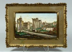 A VERY GOOD ITALIAN MOSAIC PICTURE, RUINS IN ROME. 18cm x 29cm in a gilt frame.