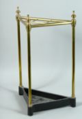 A GOOD VICTORIAN BRASS AND IRON TRIANGULAR STICK STAND. 2ft high