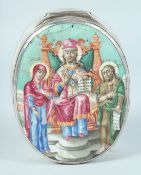 AN OVAL SILVER BOX the lid with a Russian scene. 5ins x 3ins x 2.5ins, London, 1904.