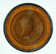 A GOOD VICTORIAN CIRCULAR PAPIER MACHE BOX, Napoleon. 3.5ins diameter.
