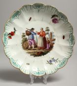 A VIENNA PLATE painted with figures and insects. Impressed mark, 8.5ins diameter.