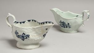 A JAMES PENNINGTON LIVERPOOL SAUCE BOAT, well moulded and painted with blue underglaze flowers.