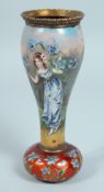 A GOOD FRENCH ART DECO ENAMEL VASE, a young girl with flowers. 19cm high.