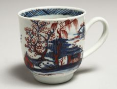 A CHAFFERS LIVERPOOL COFFEE CUP painted with a Chinoiserie scene of huts on an island, blue and