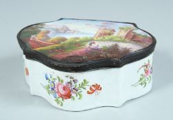 A LARGE ENAMEL SHAPED BOX AND COVER the lid with a lake scene. 5.5ins high.