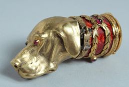 A GOOD RUSSIAN SILVER GILT AND ENAMEL DOG'S HEAD SNUFF BOX, the head with three fox cubs, set with