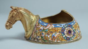 A SUPERB RUSSIAN SILVER GILT AND ENAMEL KOVSCH with a horse's head. Mark: Russian eagle, M O over