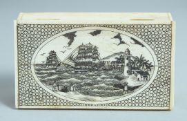 A BONE RECTANGULAR BOX sailing vessels and lighthouse. 4ins long.